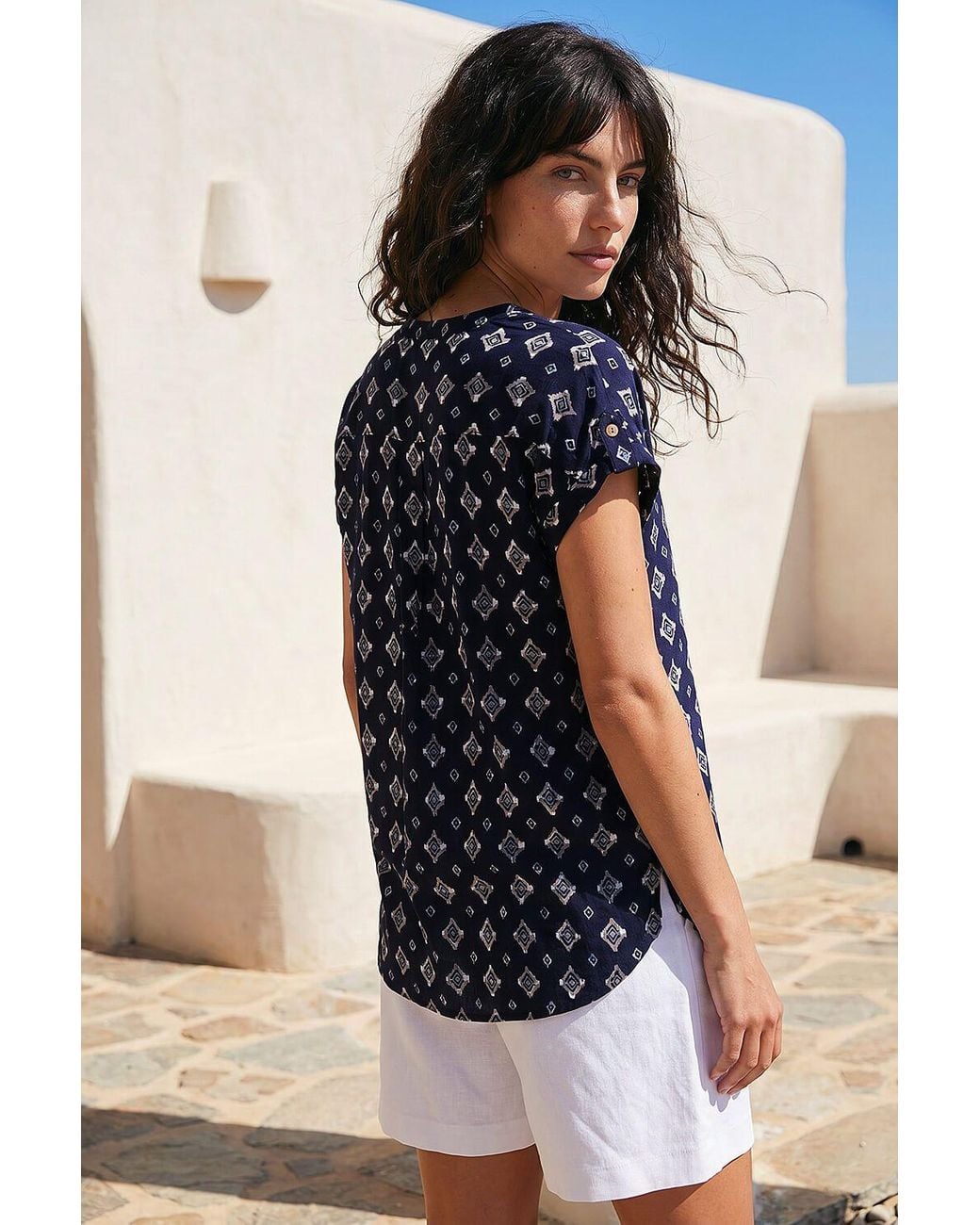 Roman Blue Aztec Print Button V-Neck Detail Top