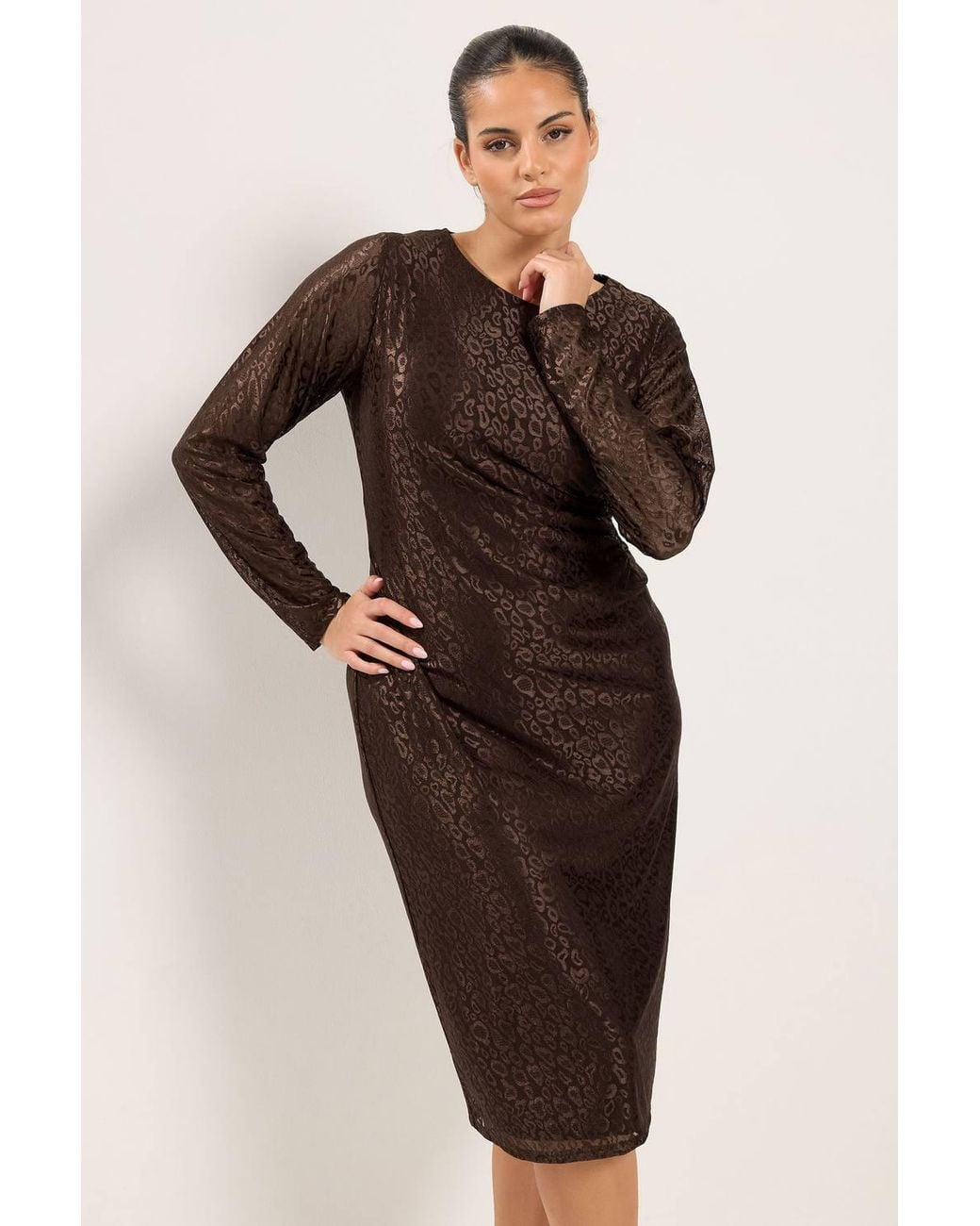 Yours Brown Leopard Print Ruched Side Midi Dress
