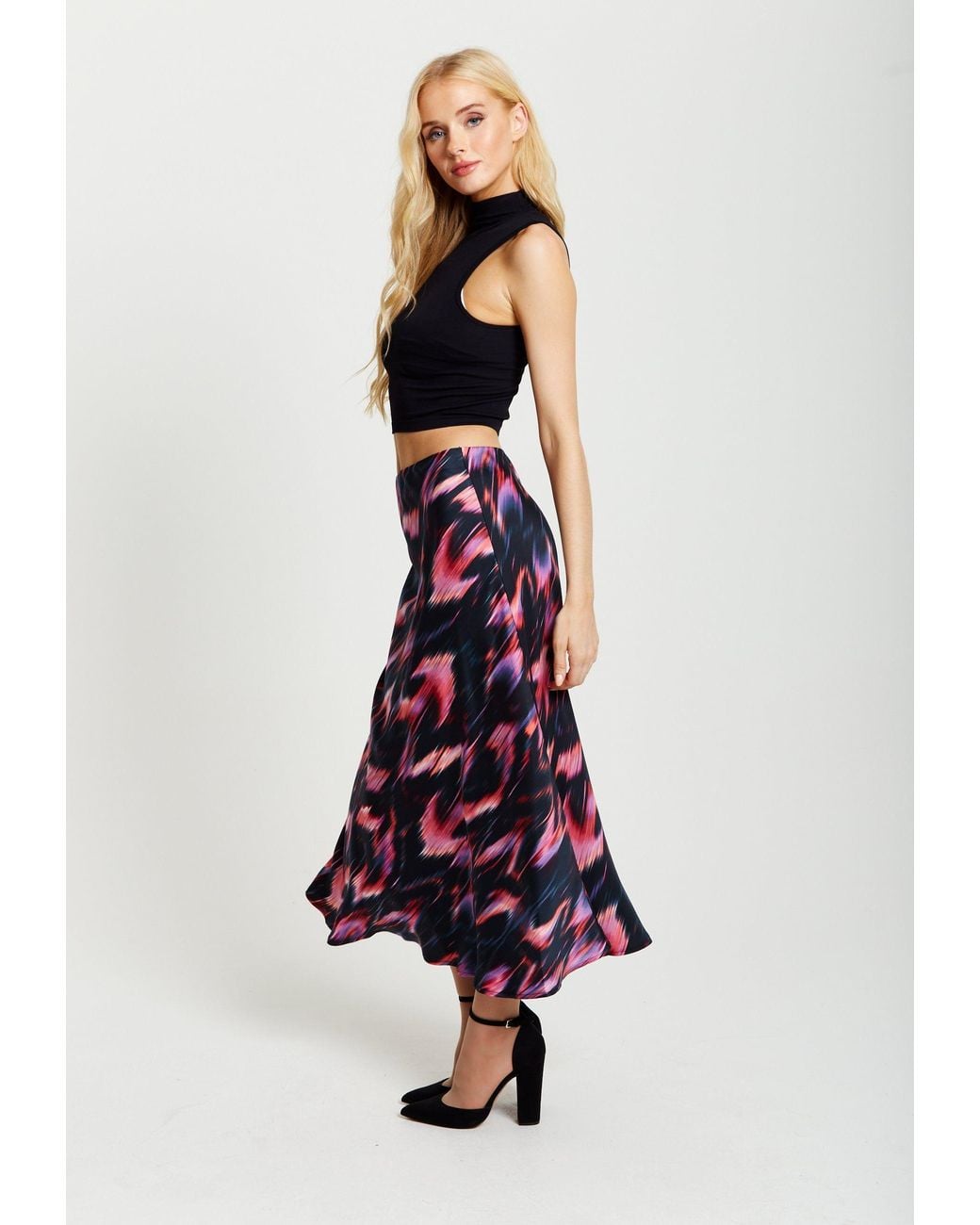 Liquorish Blue Abstract Ikat Print Midi Skirt
