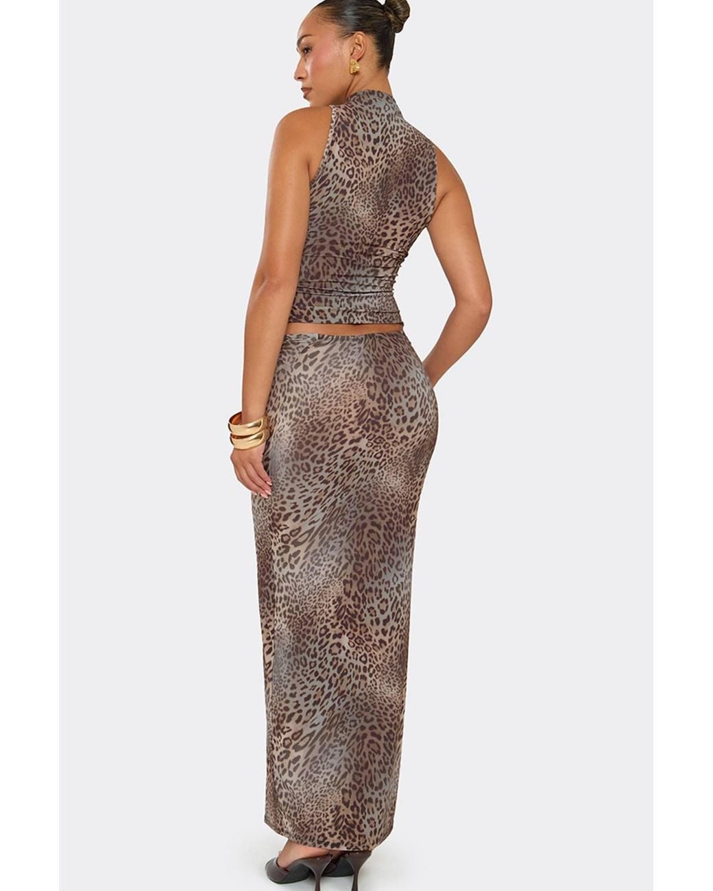 EGO Gray Cut Out Leopard Print Mid Rise Maxi Skirt