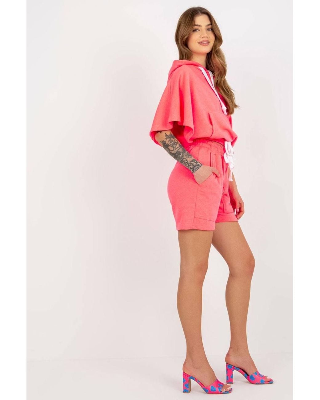 Love Lace Pink Hooded Blouse & Shorts Tracksuit Set