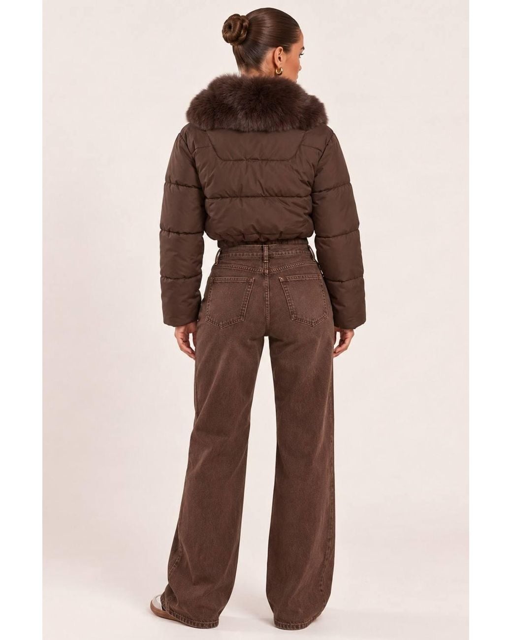 Rebellious Fashion Brown Deliah Faux Fur Collar Puffer Cropped Jacket