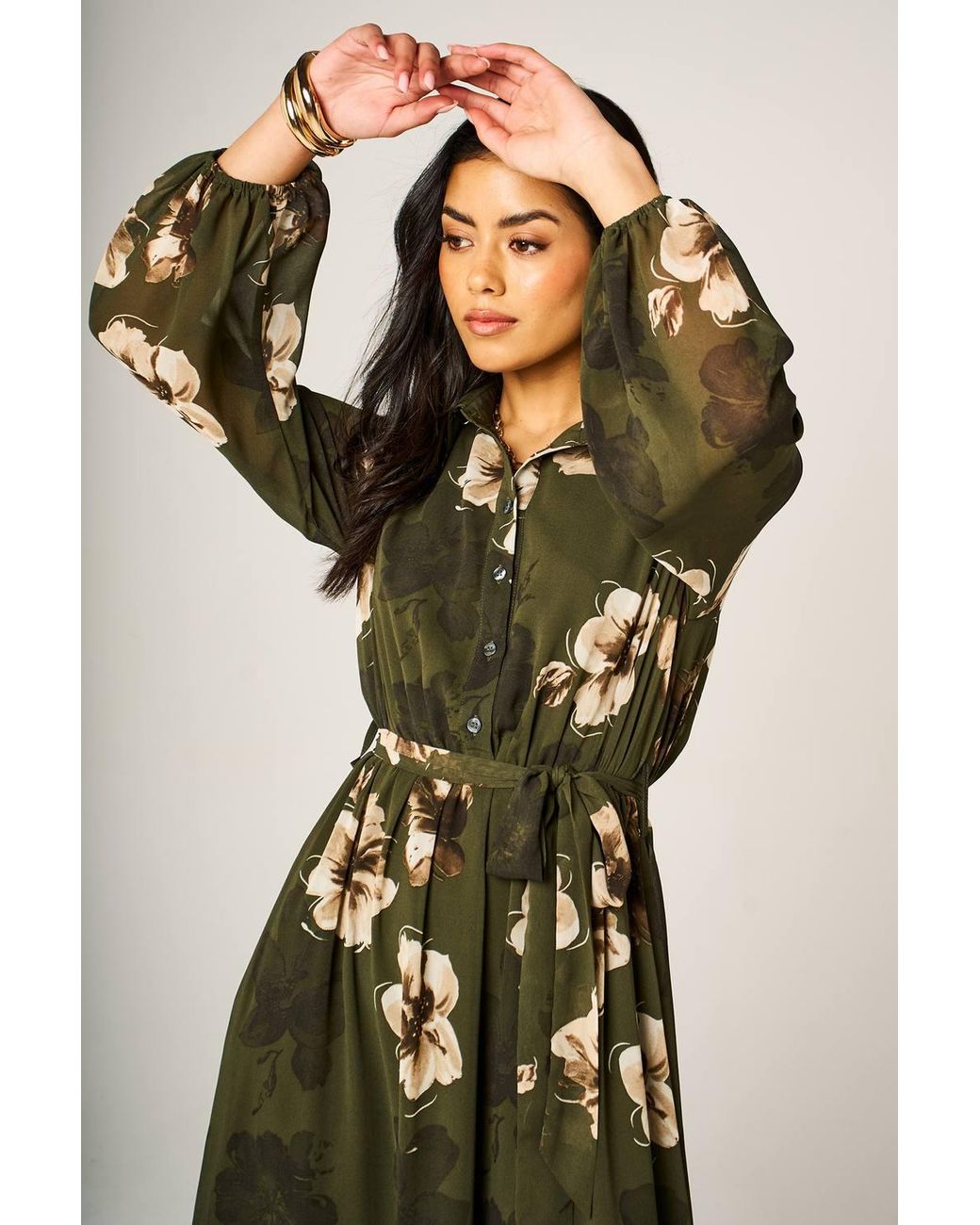 FS Collection Green Floral Print Hem Detail Long Sleeve Shirt Midi Dress