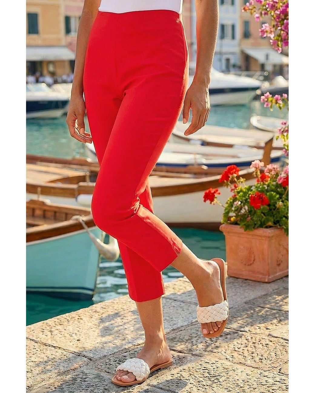 Roman Red Cropped Stretch Trouser Capri Summer Leggings 3/4 Pedal Pushers