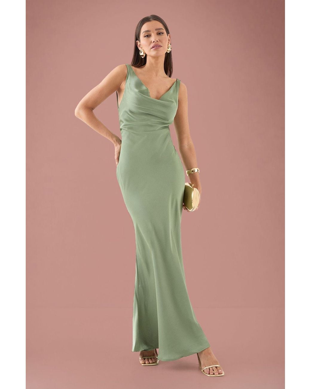 MissPap Green Premium Satin Cowl Neck Fishtail Maxi Dress