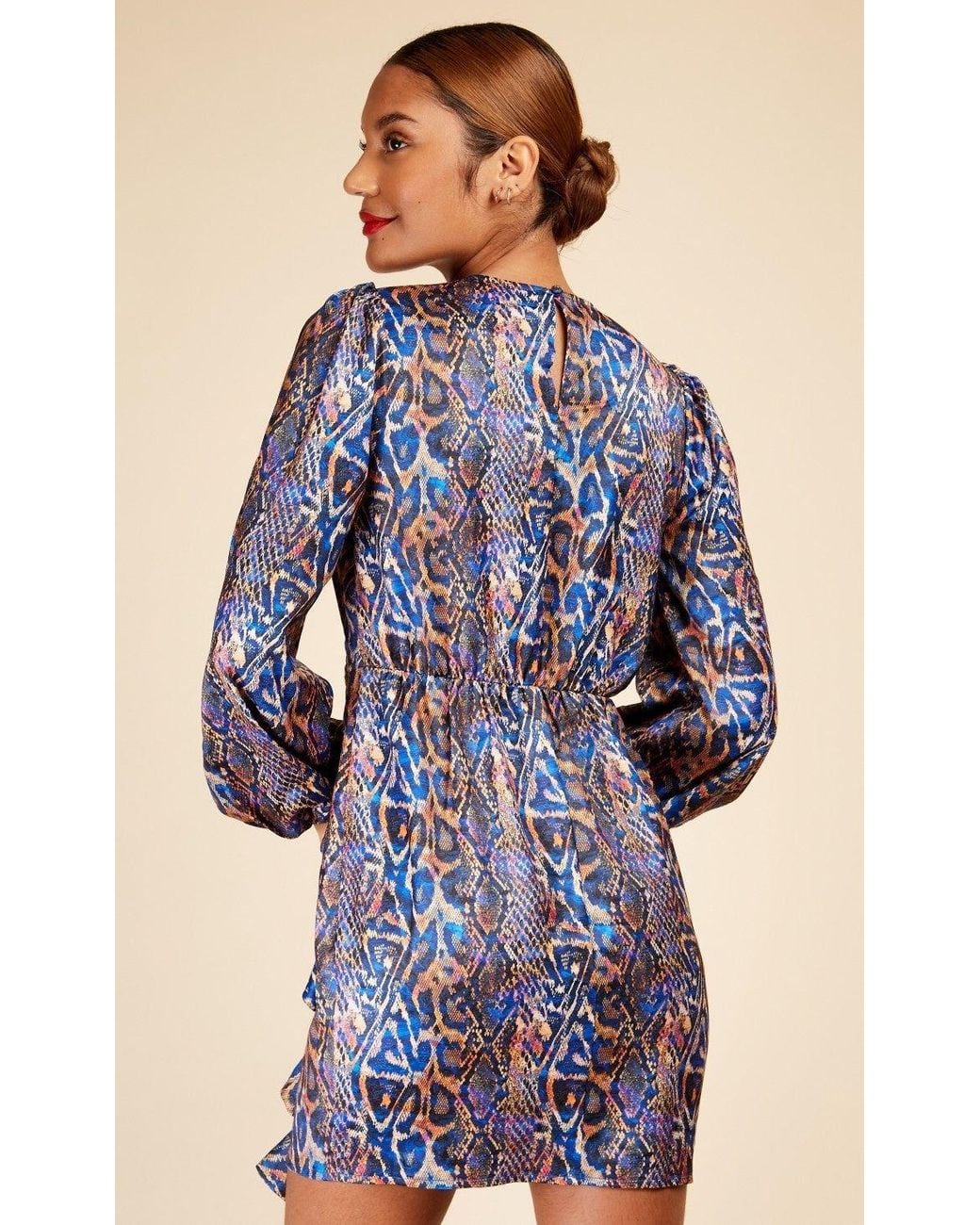 Little Mistress Blue Snake Satin Draped Frill Mini Dress