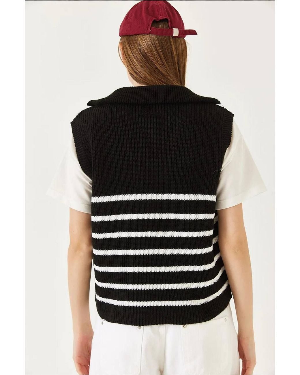 Bianco Lucci Black Striped Knitwear Sweater Vest With Zipper Collar