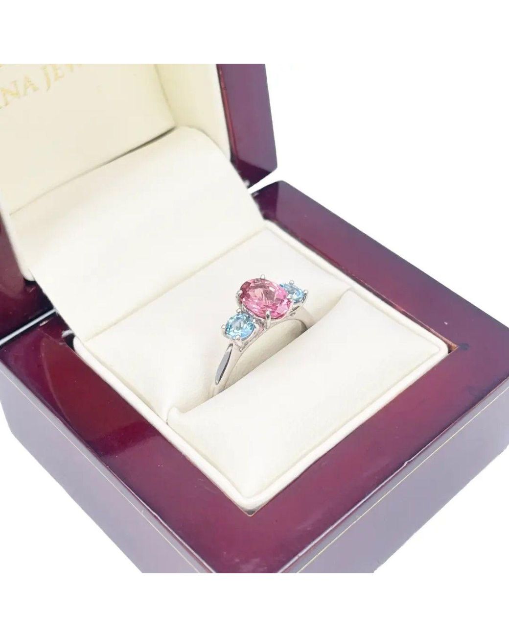 Raina Jewels Pink 18Ct Oval Tourmaline & Aquamarine Trilogy Ring 1.60 Ct