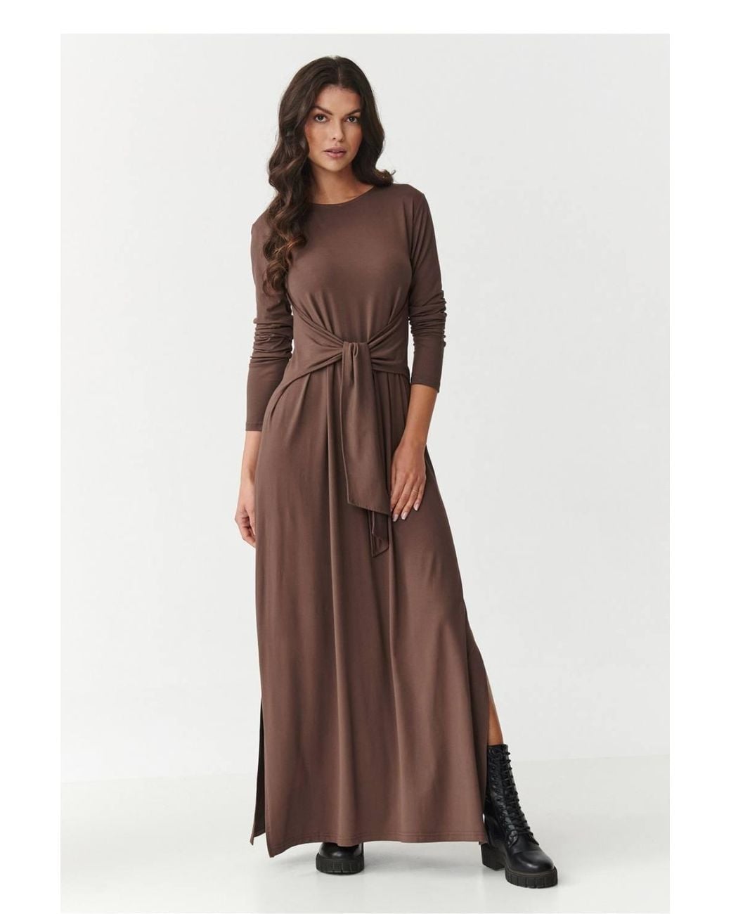 Love Lace Brown Maxi Viscose Dress With Waist Tie