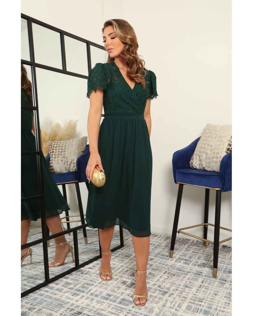 Double Second Black Wrap Front Lace Chiffon Midi Dress