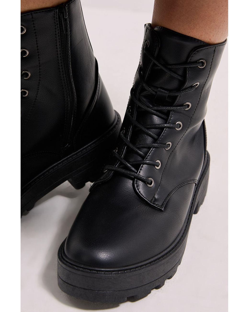 Dorothy Perkins Black Wide Fit Maryam Faux Leather Lace Up Chunky Ankle Boots