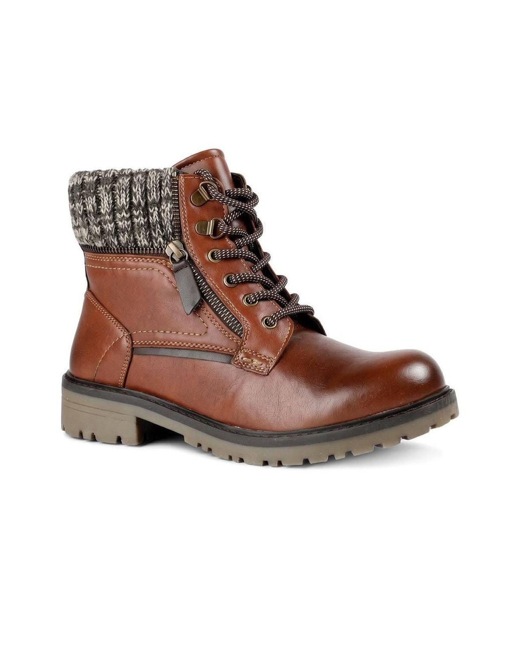 Pavers Brown Knitted Cuff Zip Design Lace Up Ankle Boots