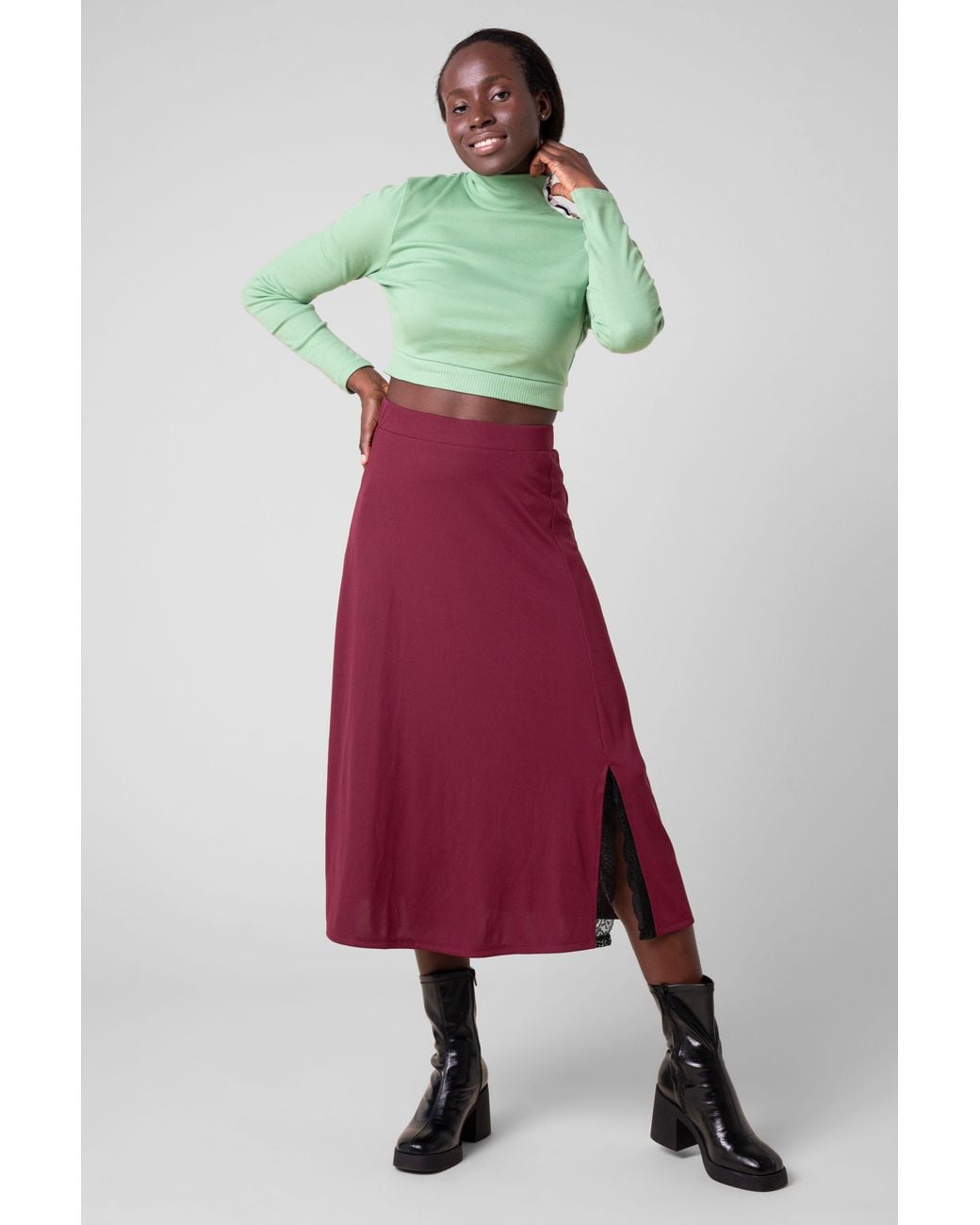 Enorsia Red Lace Inserted Jersey Midi Skirt