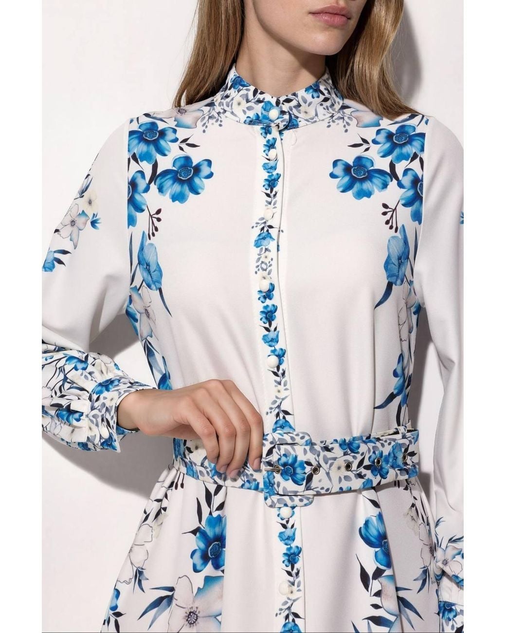 Msn-Collection Blue Floral Belted Maxi Shirt Dress