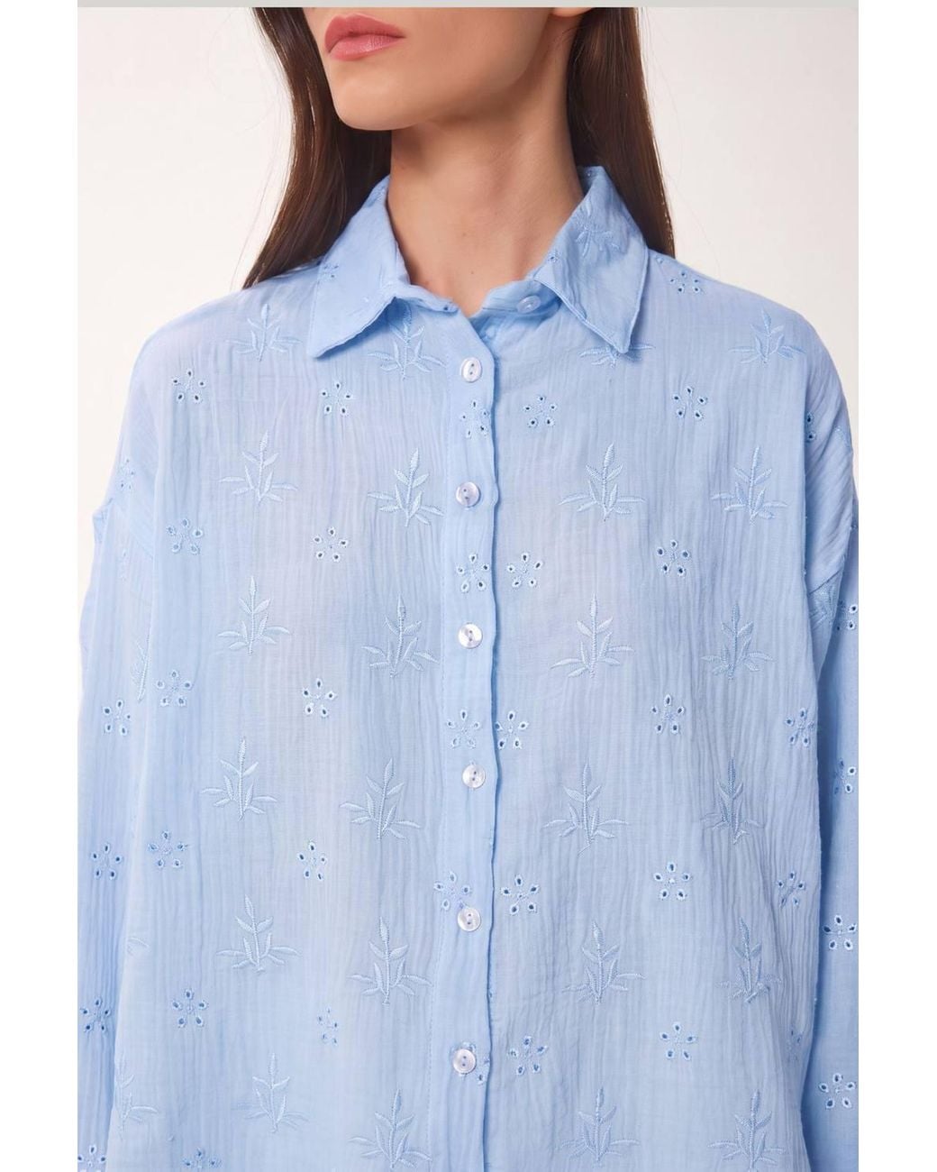 Happiness İstanbul Blue Textured Embroidered Long Sleeve Shirt With Button Closure