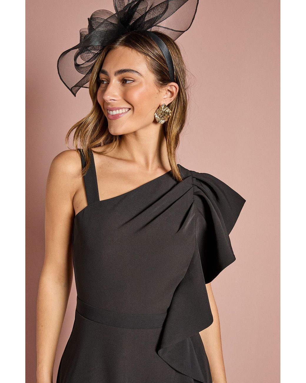 Coast Black One Shoulder Crepe Ruffle Midi Dress