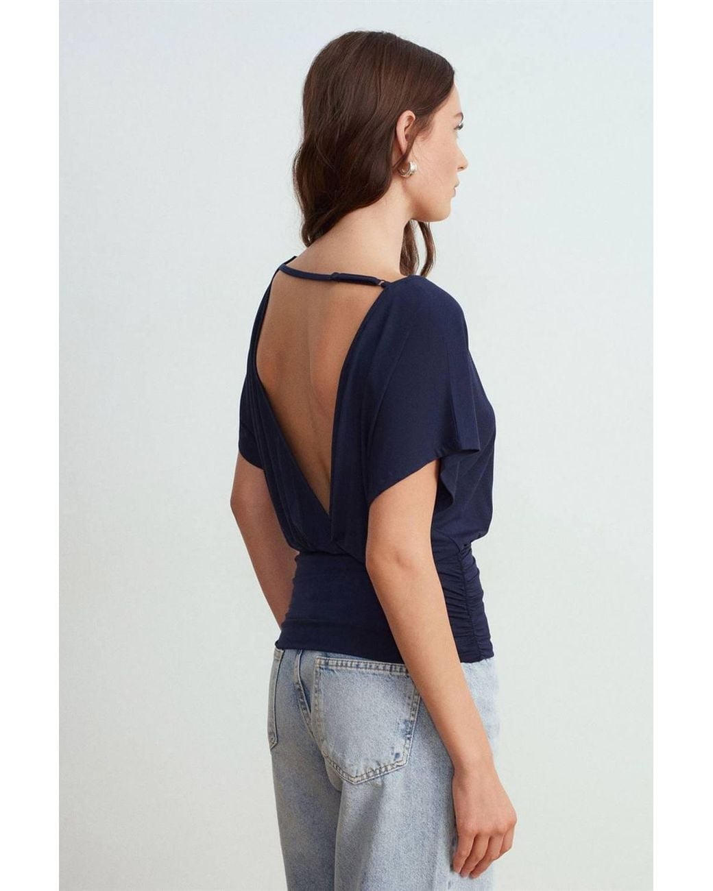 Dilvin Blue Modal Blend Cut-Out Crew Neck Blouse