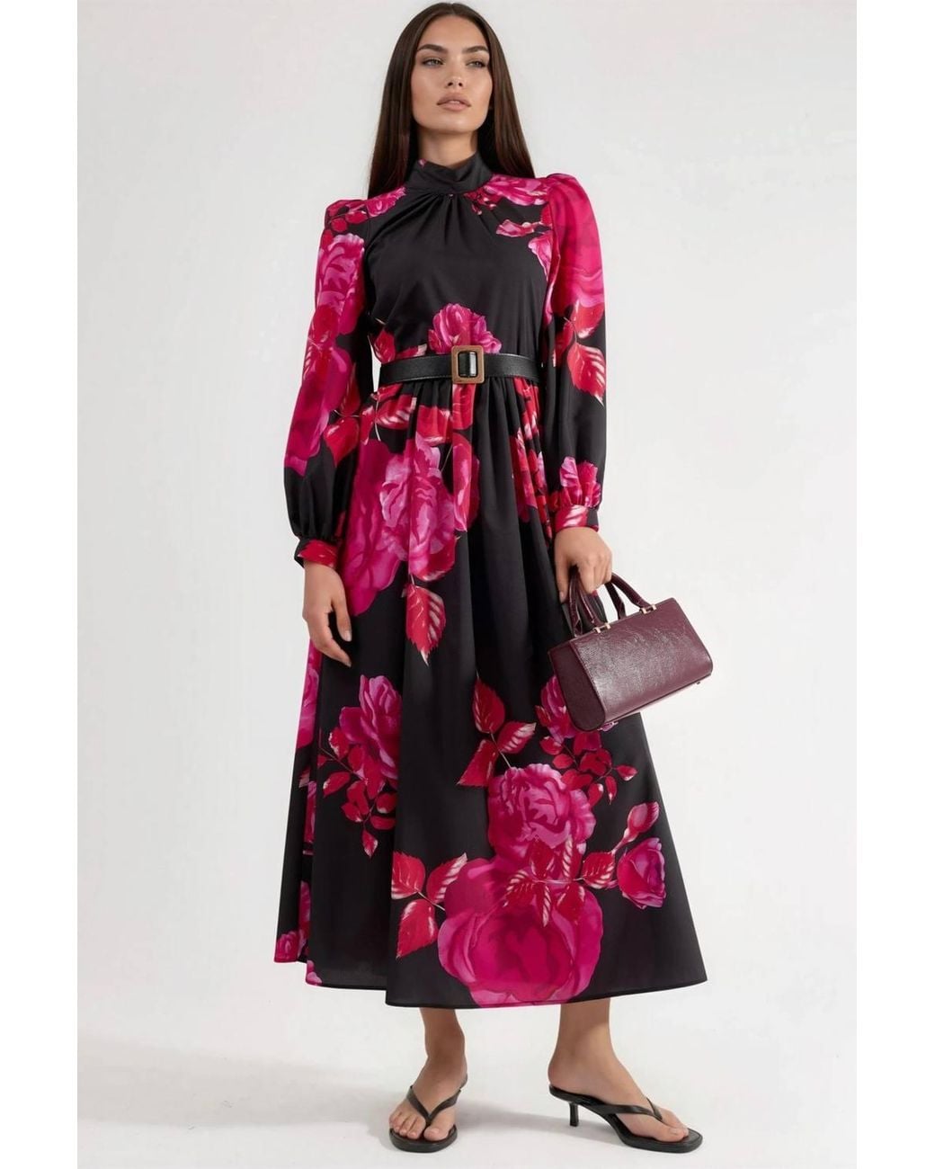 Msn-Collection Red Floral Belted Maxi Dress With Half Turtleneck