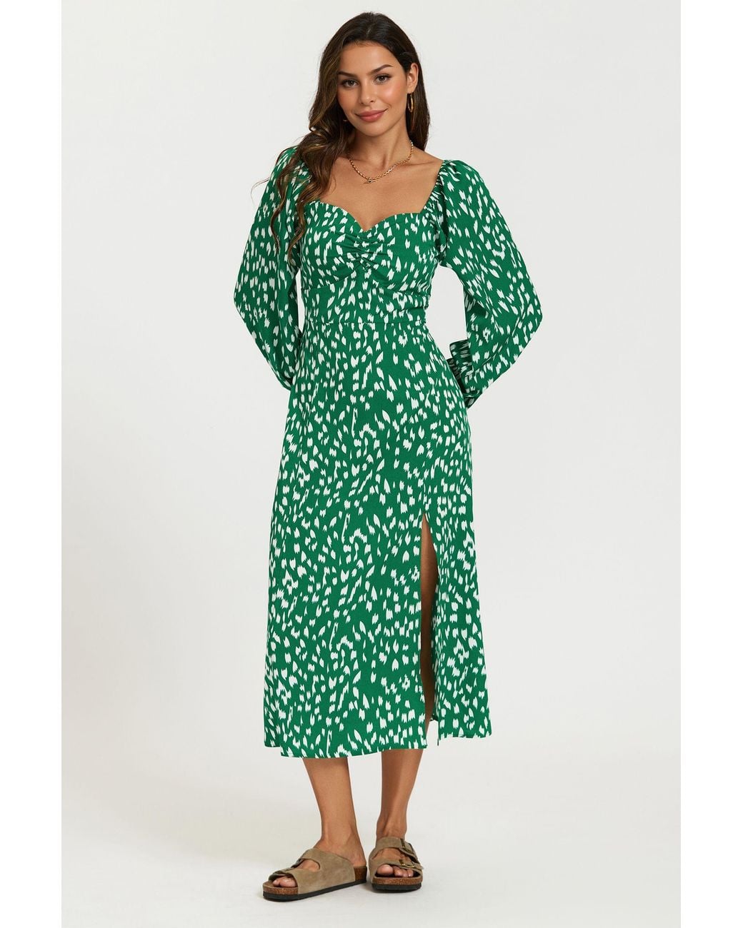 FS Collection Green Brushstroke Print Long Sleeve Heart Neckline Midi Dress