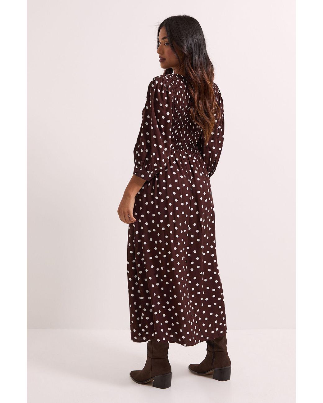 Dorothy Perkins Petite Spot Print Shirred Bodice Button Detail Midi Dress