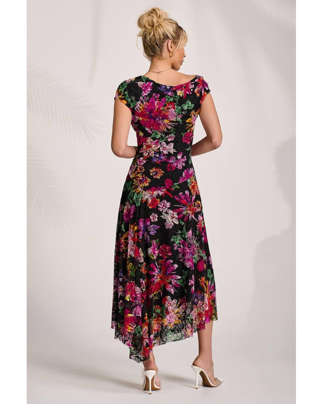 Jolie Moi Red Asymmetric Draped Print Lace Maxi Dress