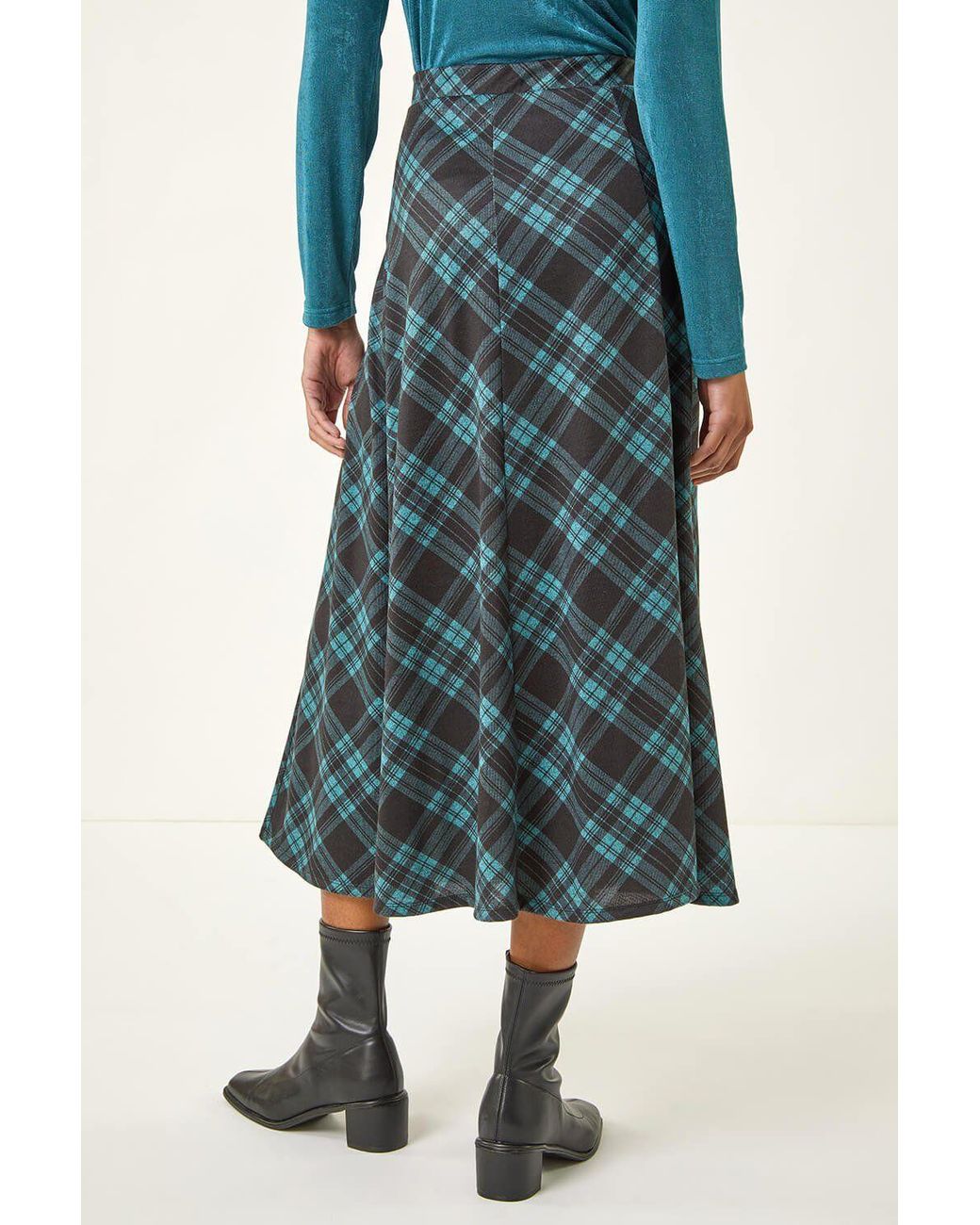 Roman Blue Panelled Check Midi Skirt