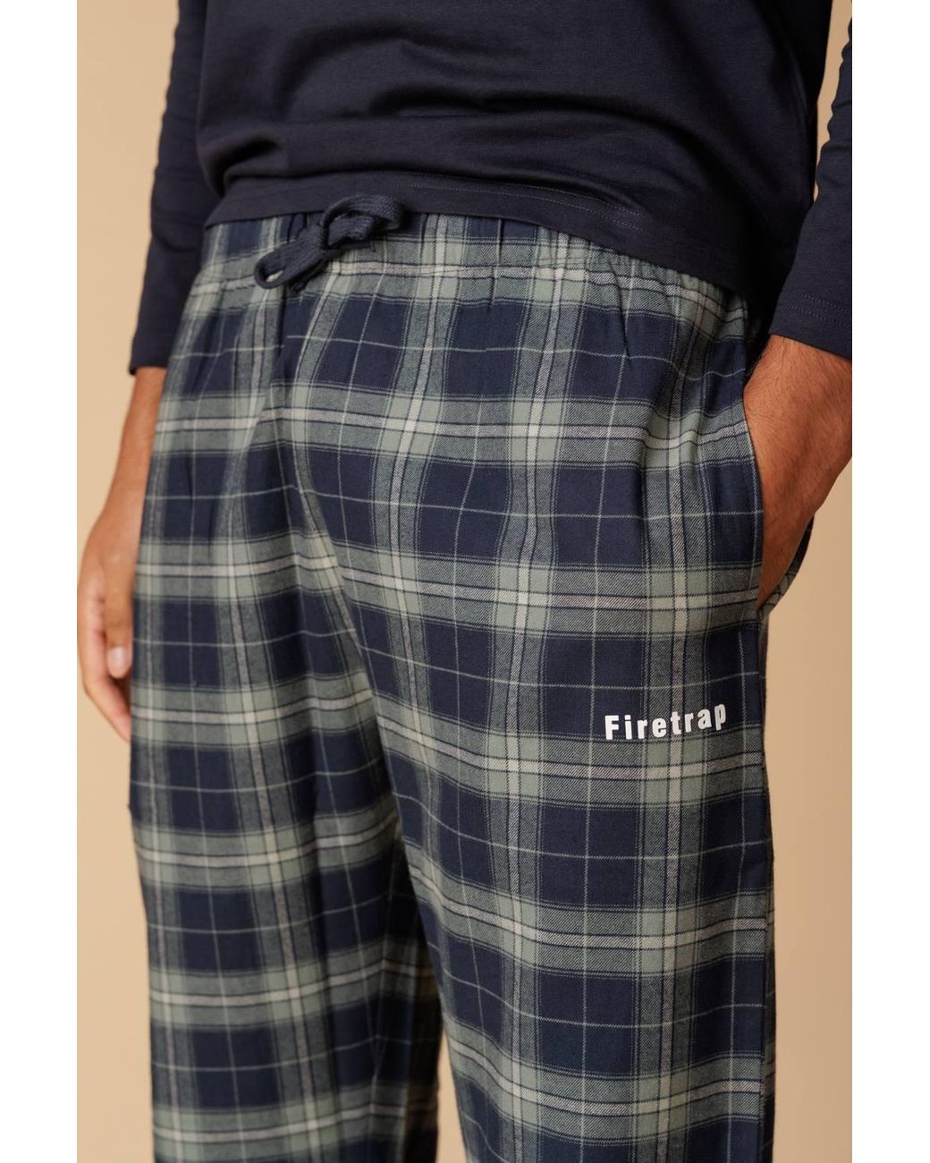 Firetrap Blue Cotton Check 2 Piece Long Sleeve Pyjama Set for men
