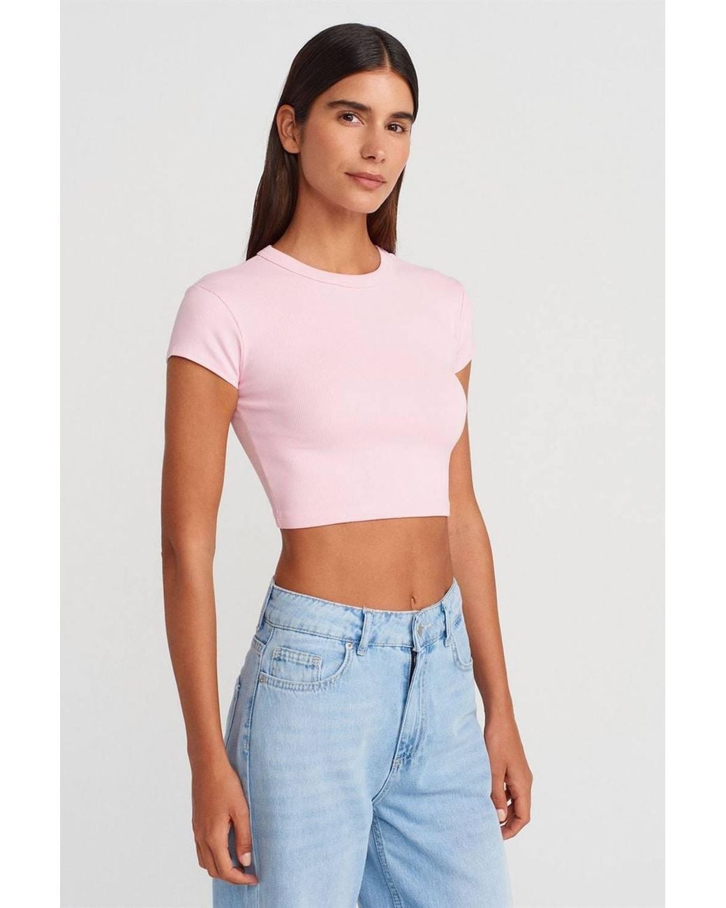 Dilvin Natural Slim Fit Crop Crew Neck T-Shirt