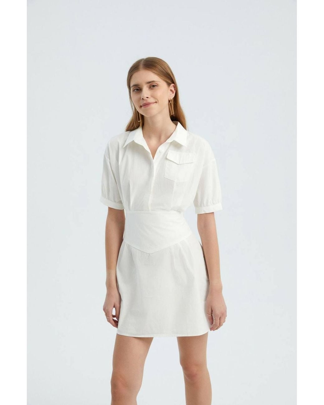 Hiccup White Short Sleeve Mini Shirt Dress With A Pocket Detail