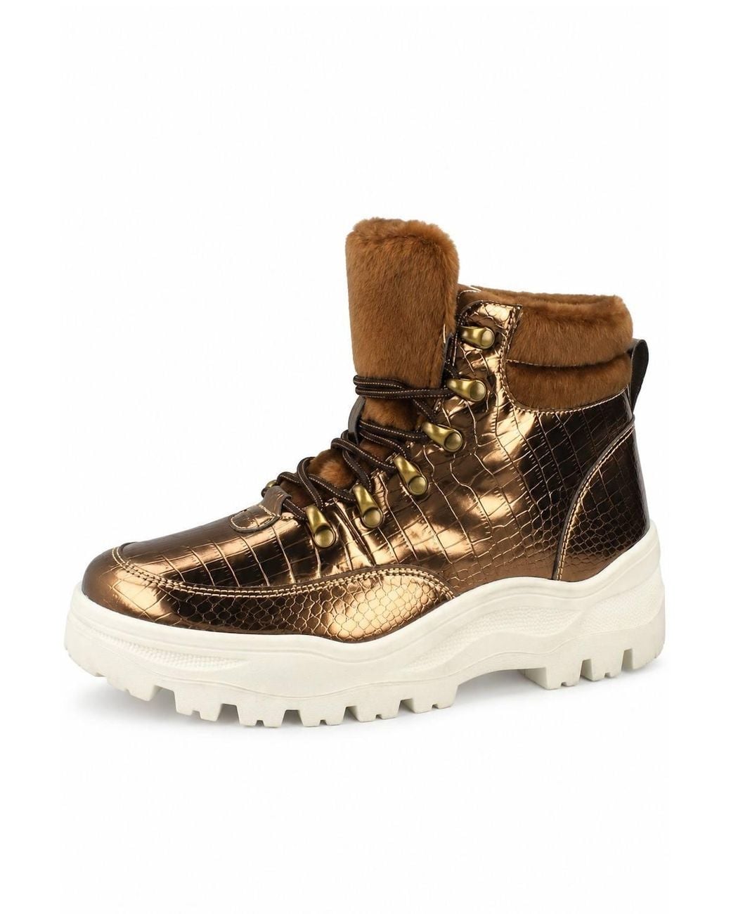 Spot on Brown Patent Lace Up Chunky Sole Ankle Boots