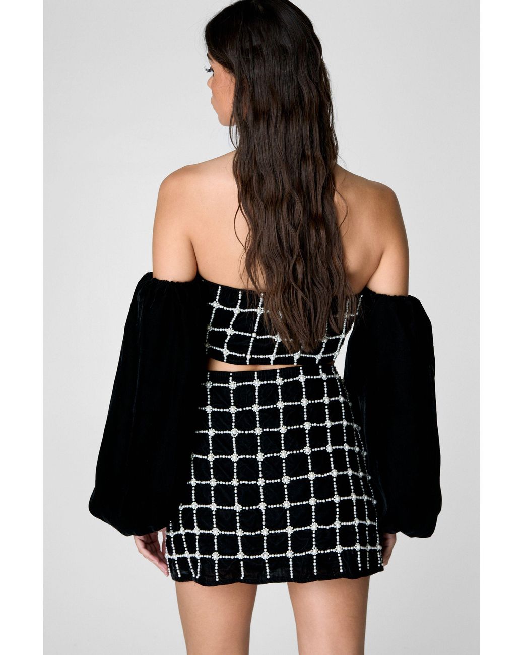 Nasty Gal Black Pearl Embellished Velvet Bardot Top