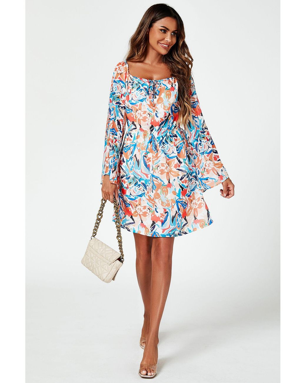 FS Collection Blue Flute Sleeve Bardot Dress With Tie Detail