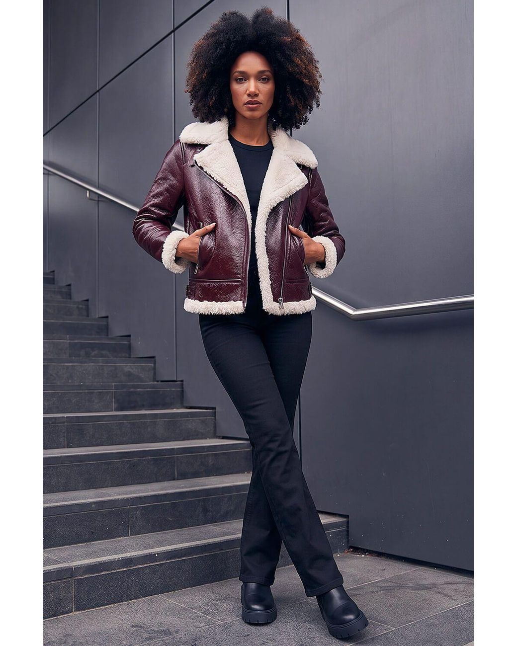 Roman Purple Contrast Faux Leather Aviator Coat