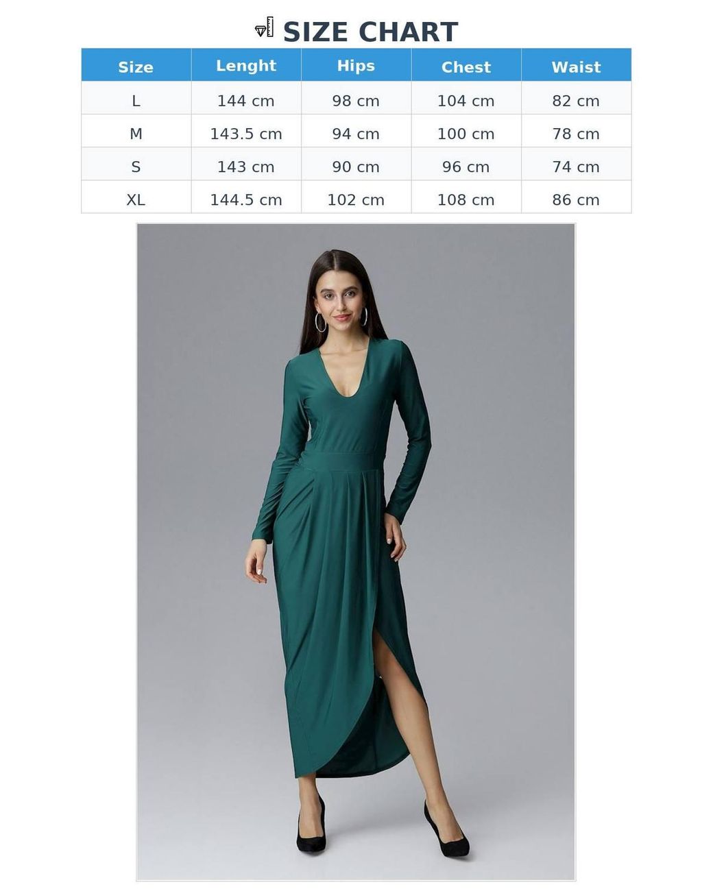 KDMD Blue Heart Neck Asymmetrical Long Sleeve Slit Dress