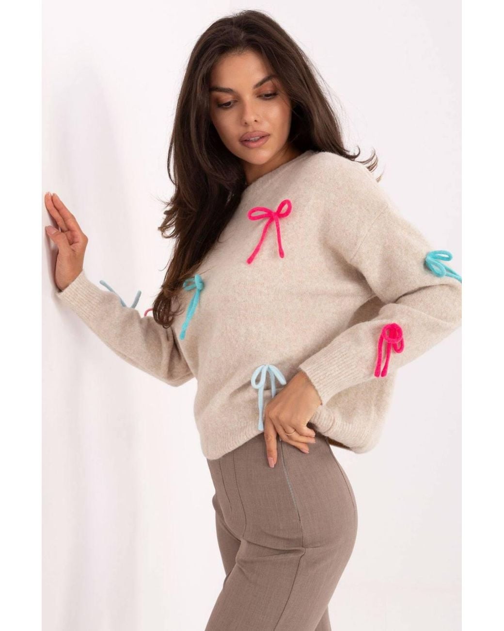 Love Lace Natural Casual Round Neck Sweater With Front Bows