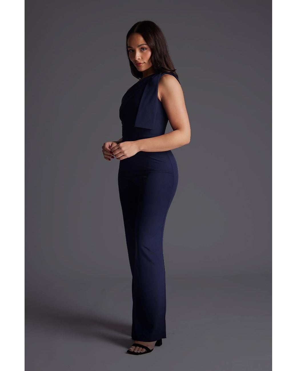 Vesper Blue Petite One Shoulder Wide Leg Jumpsuit