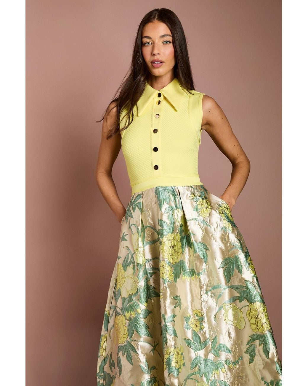 Coast Green Bandage Bodice Jacquard Skirt Midi Shirt Dress