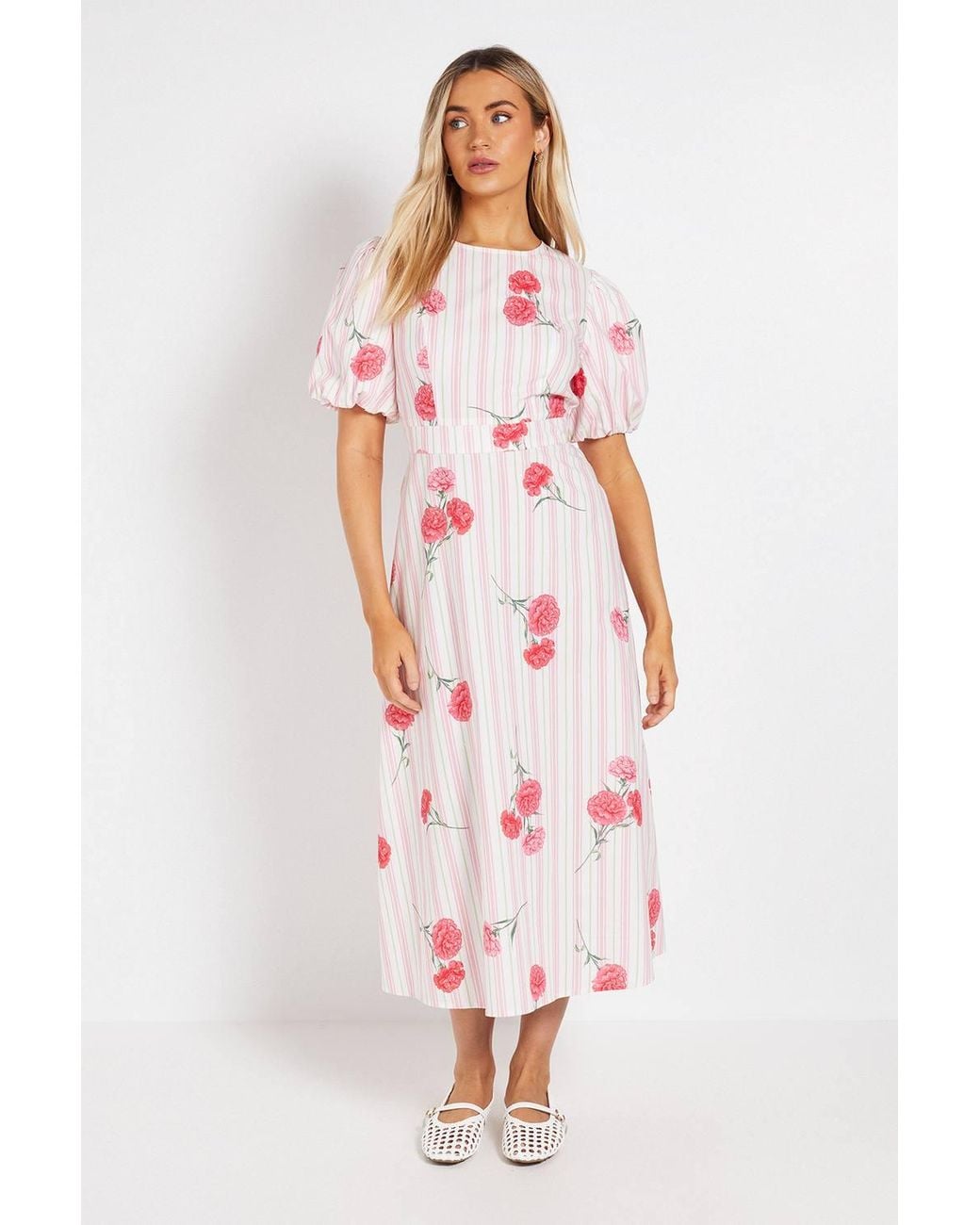 Dorothy Perkins White Puff Sleeve Princess Seam Poplin Midi Dress