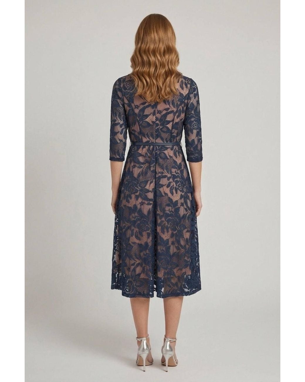 Izabel London Blue Floral Mesh Layered Midi Skater Dress