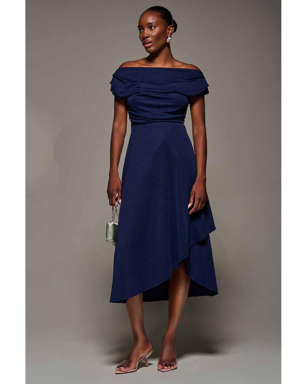 Jolie Moi Blue Draped Jersey Cowl Neck Midi Dress