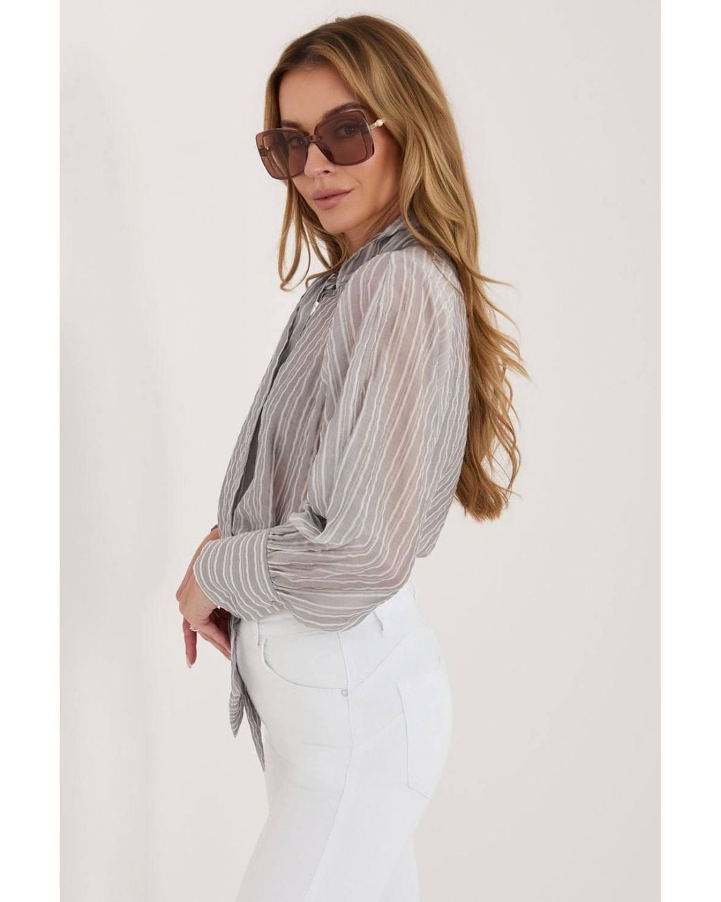 Love Lace Gray Lyocell Striped Tie Neck Puff Sleeve Shirt