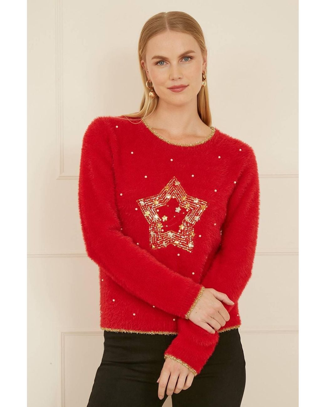 Yumi' Red Fluffy Star Christmas Jumper