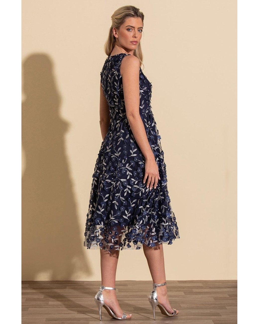 Applique & mesh top sleeve flared dress