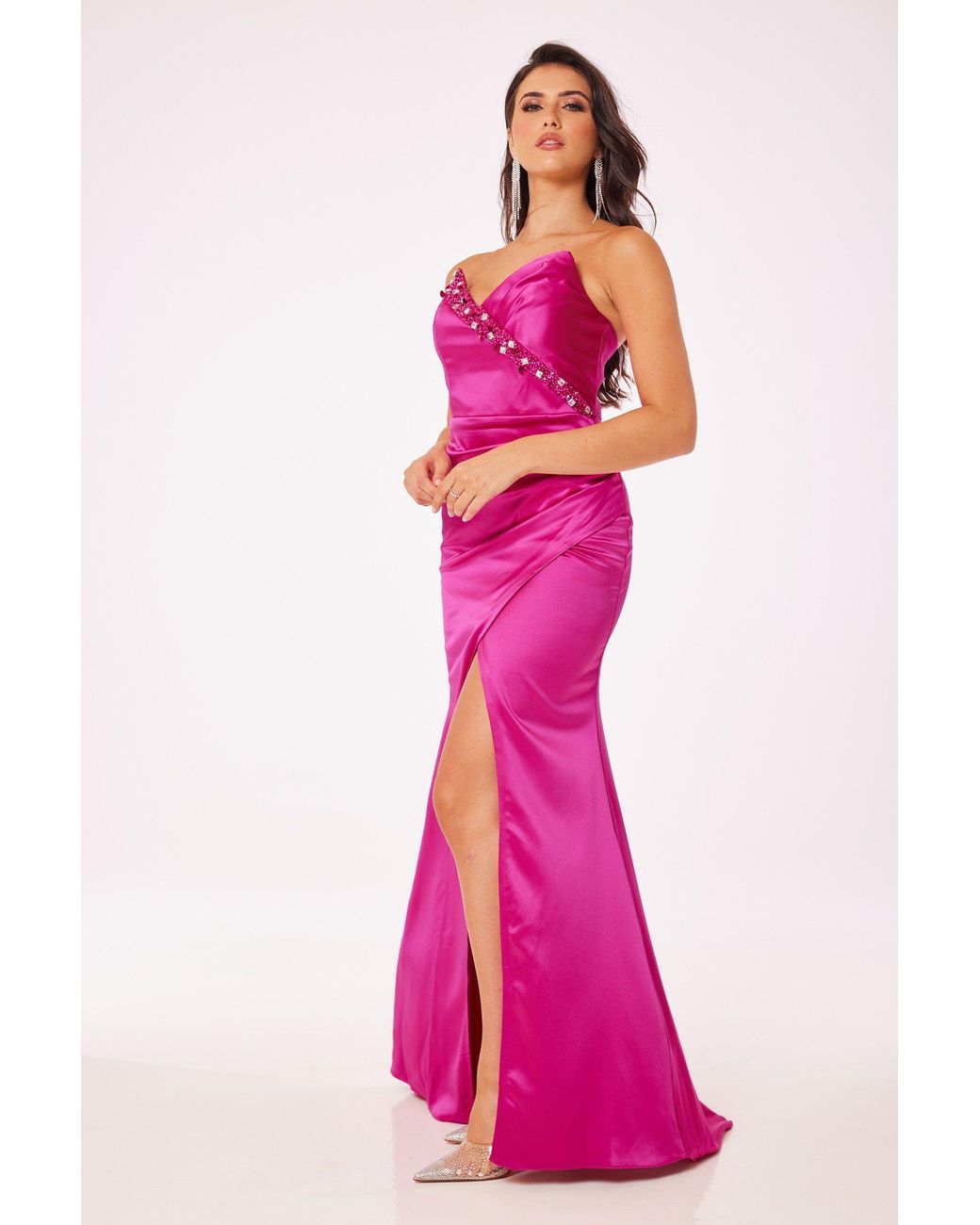 LuvForever Fashion Pink Fuschia Strapless Side Slit Maxi Dress