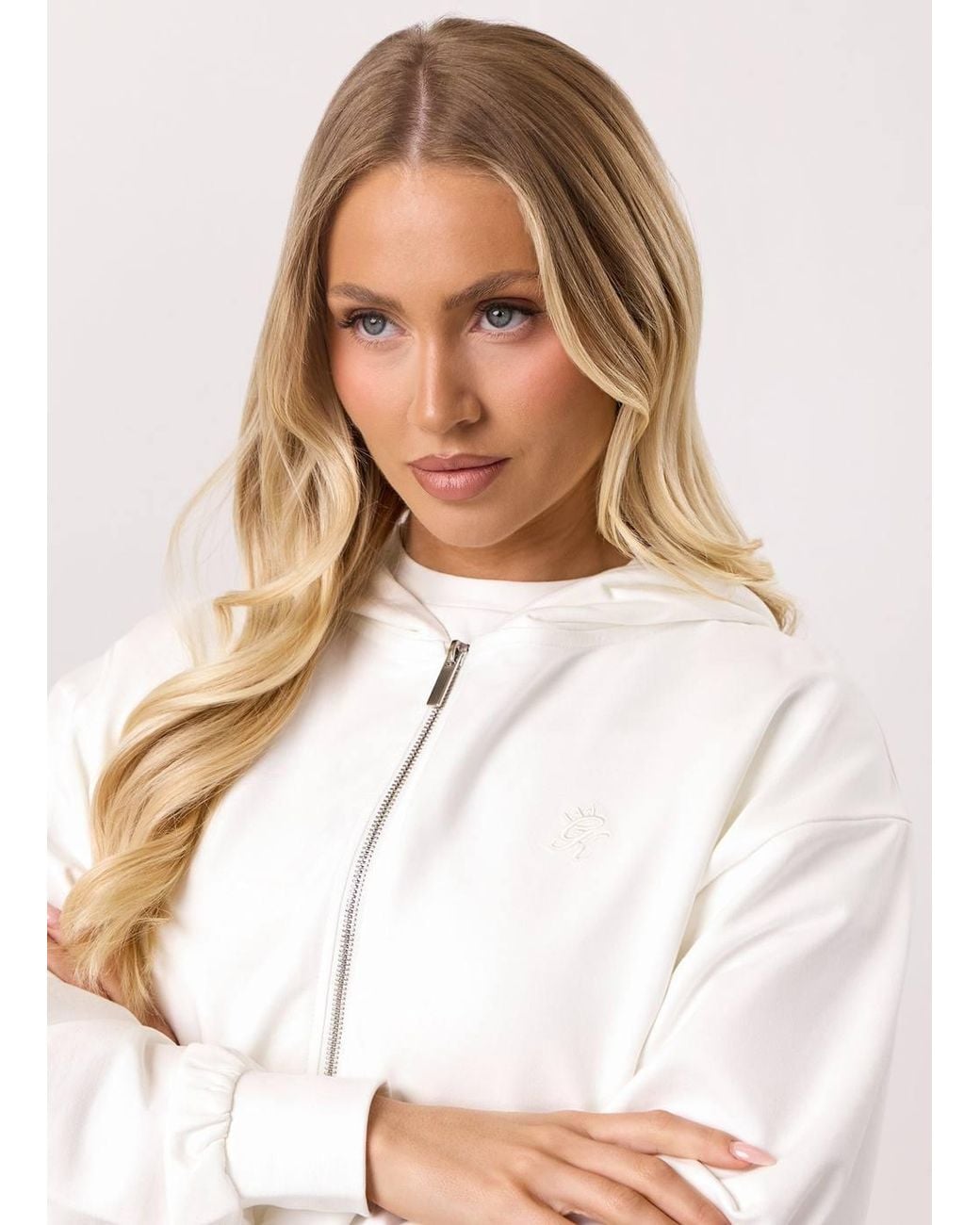 Gym King White Cropped Full Zip Hoodie Lightweight Loopback