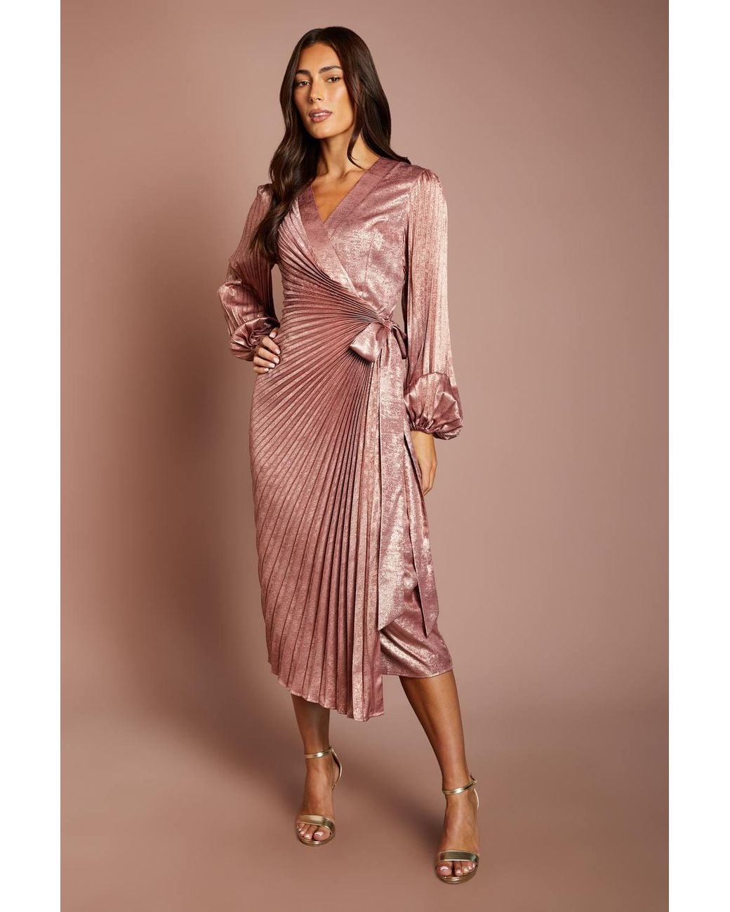 Coast Brown Metallic Blouson Sleeve Tie Wrap Pleated Midi Dress