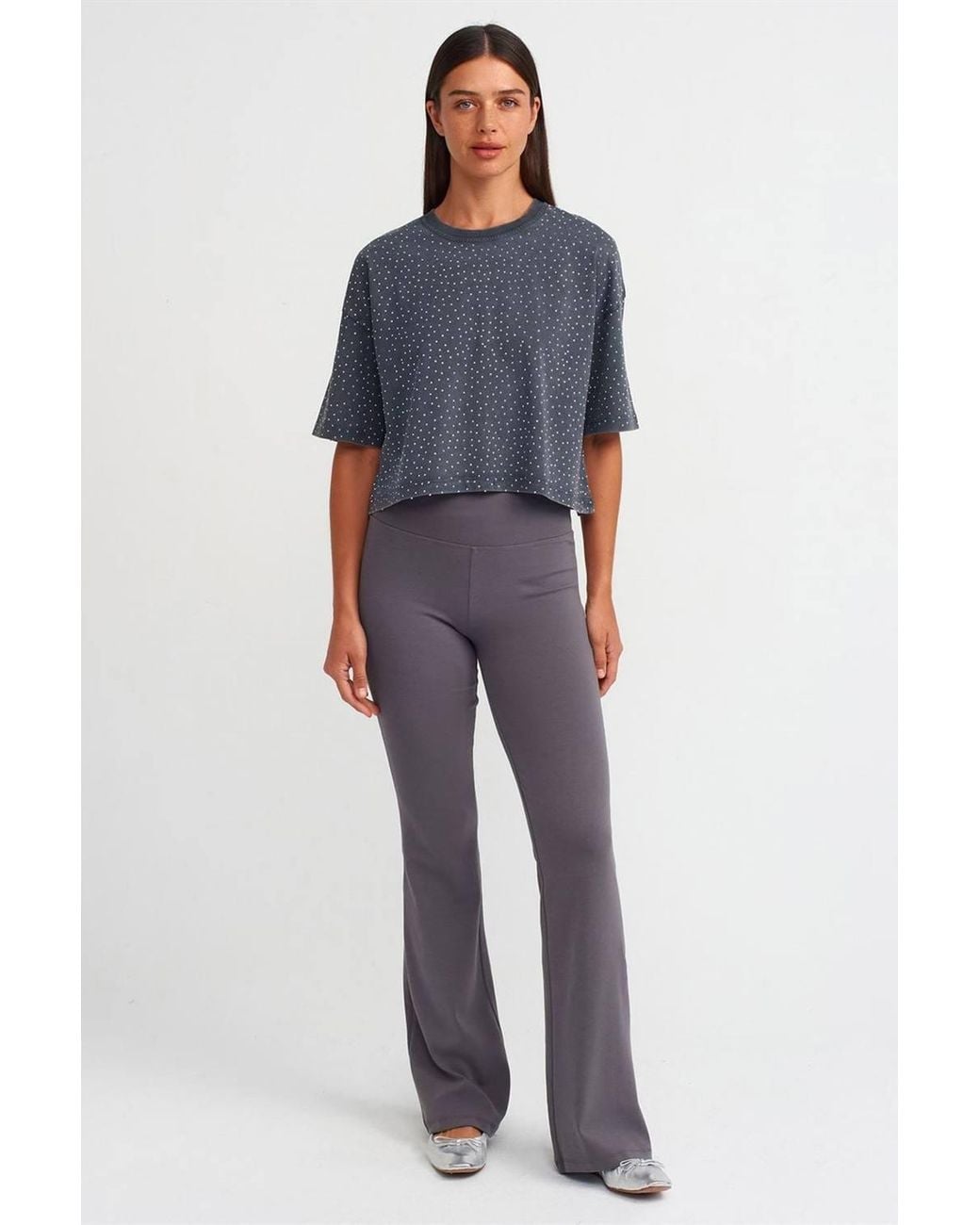 Dilvin Blue Oversized Crop Cotton Polka Dot T-Shirt