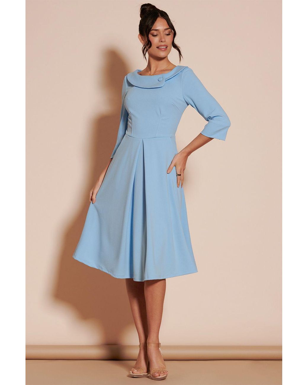 Jolie Moi Blue Fold Neckline Sleeved Midi Dress