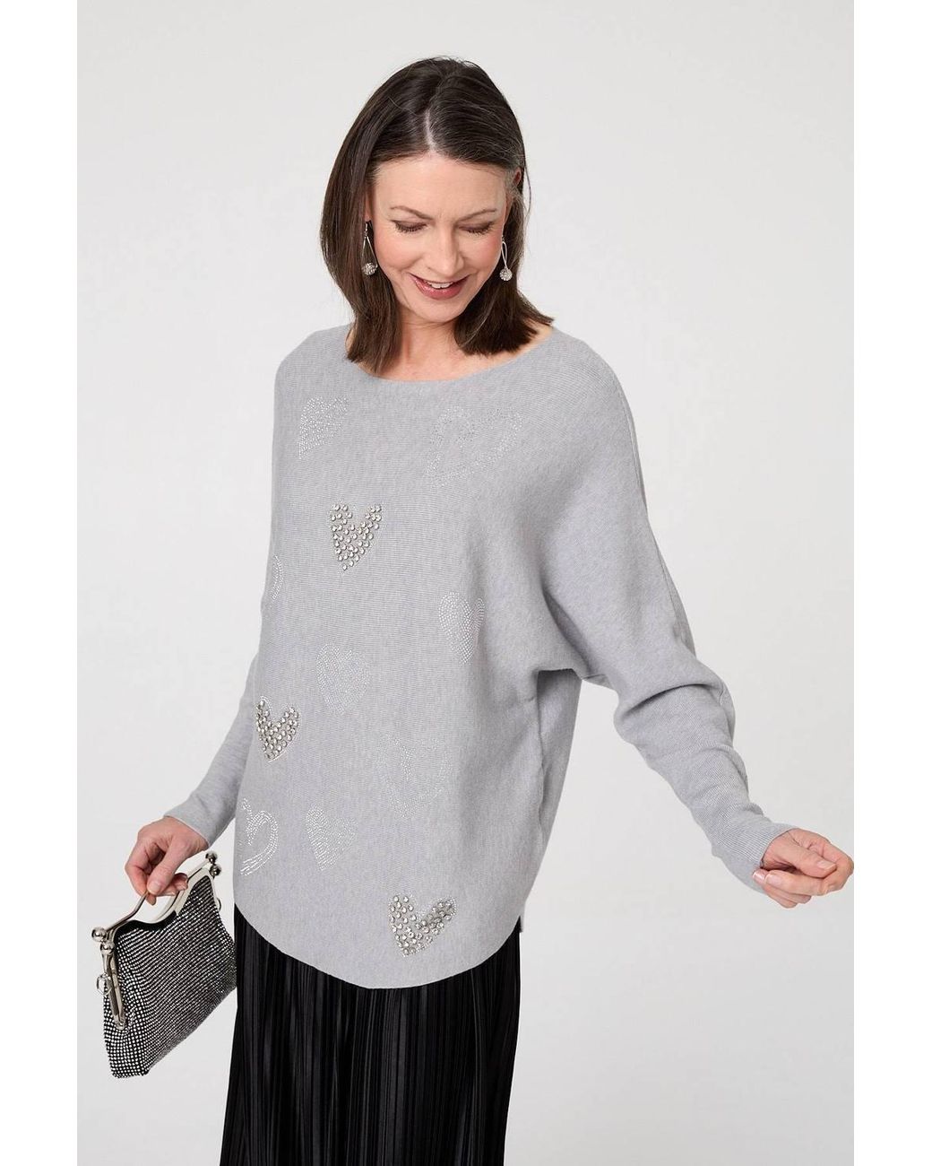Izabel London Gray Sparkly Heart Print Long Sleeve Jumper