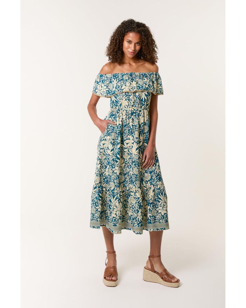 Blue Vanilla Blue Elasticated Waist Sleeveless Bardot Midi Dress